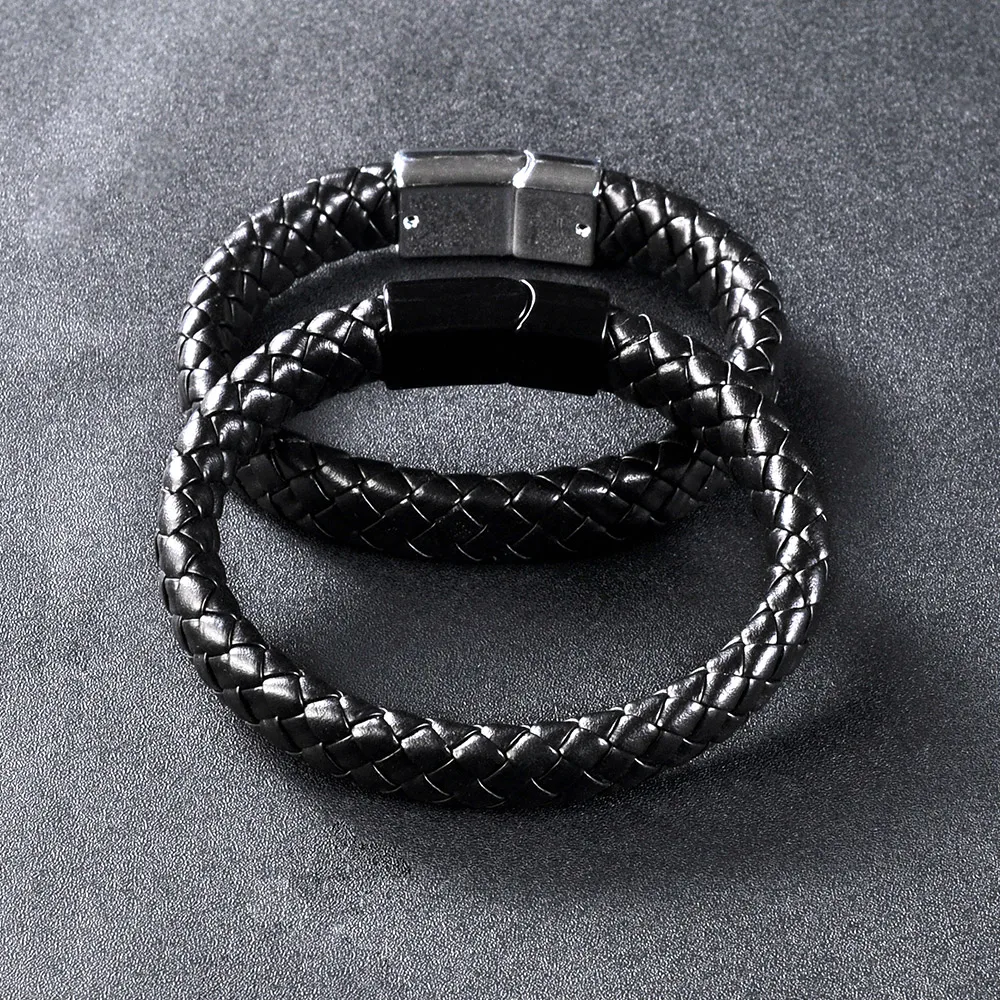F255 Genuine Charm Men Jewelry Menswear Metal Custom Wrap Stainless Steel Braided Mens Hand Magnetic Clasp Leather Bracelet