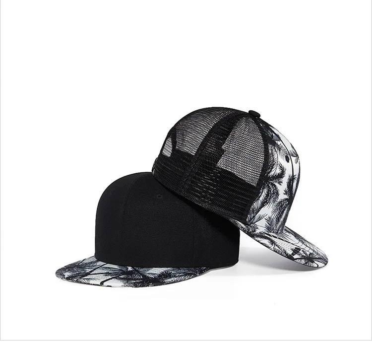 Palm Tree Print Black and White Two Tone Adjustable Summer Travel Mesh Snapback Cap