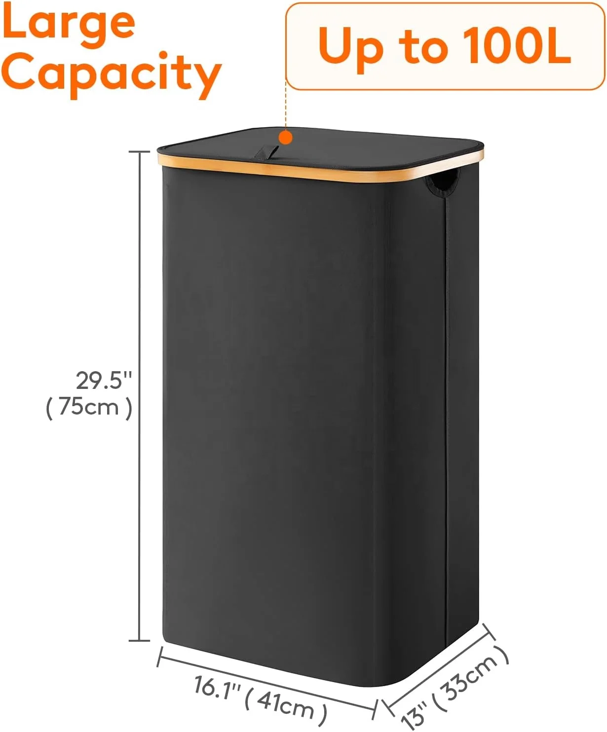 100L Laundry Basket with Lid, Clothes Hampers for Laundry with Bamboo Handles and Removable Laundry Bag