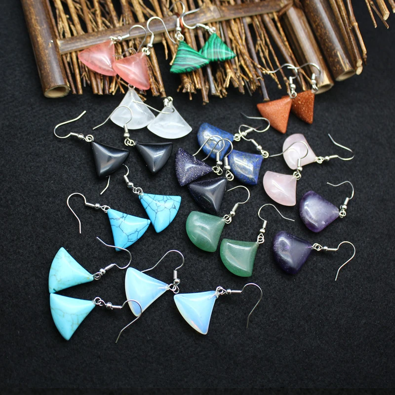 Wholesale Ethnic Wind Crystal Gemstone Earrings Amethyst Fan-shaped Earrings Healing Stone Ear Hook for Gift