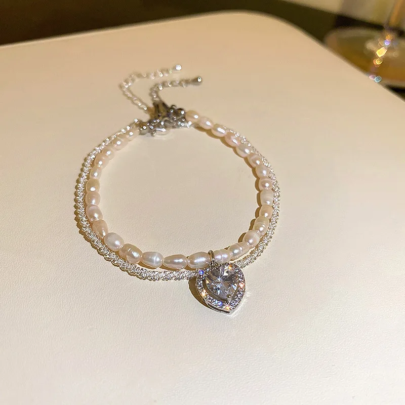 Yiwu Meise YY602 18k Gold Plated Chain Zircon Natural Freshwater Pearl Beaded Bracelet Heart Peanut Charm Bracelet