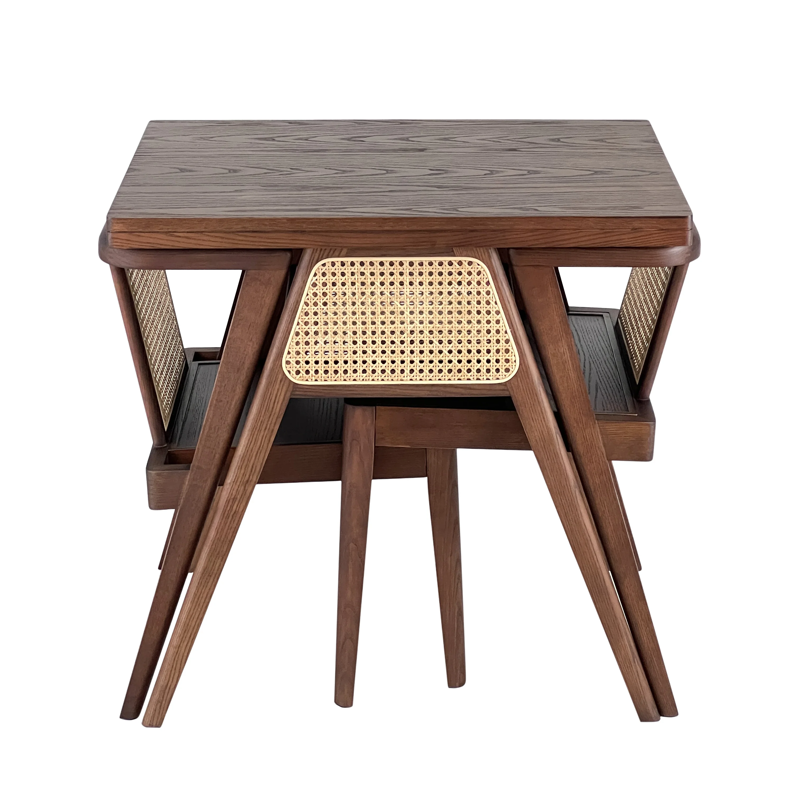 a solid wood dining table and rattan chair set, a three-piece suite.