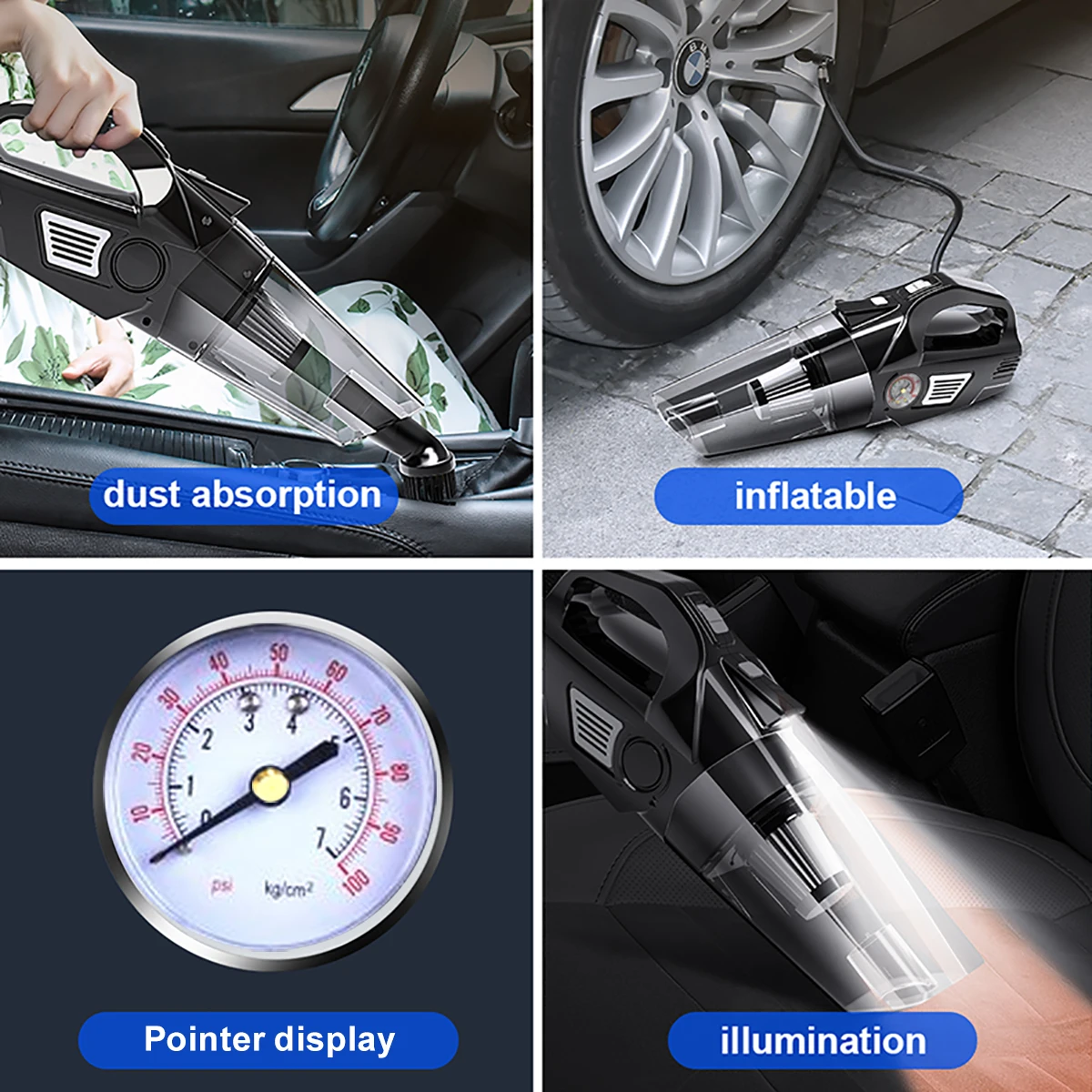 4-in-1 High Power Handheld Car Vacuum Cleaner with Digital Tire Pressure Gauge LED Display And Light Portable Tire Inflator