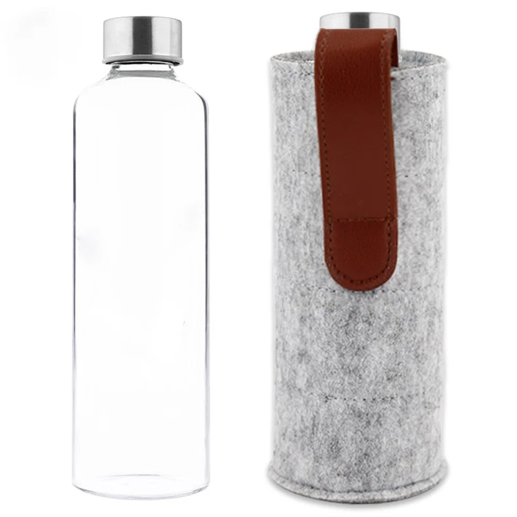 Portable felt water bottle bag High quality felt China factory bottle sleeve carrier with leather water bottle cover
