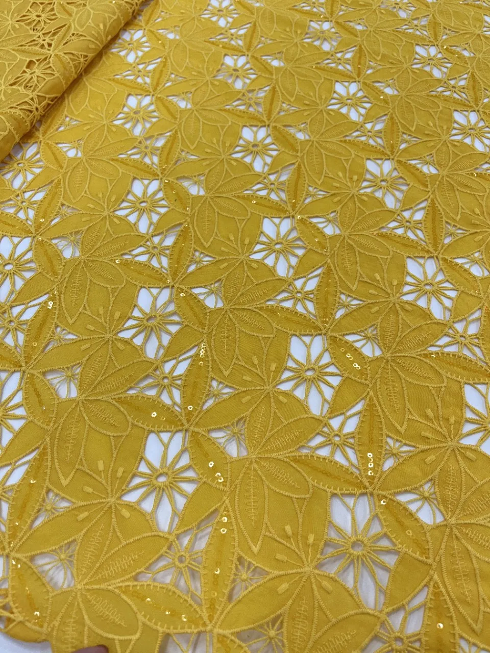 Sequined Embroidery Maple Leaf Flowers Cotton Eyelet Lace Fabric