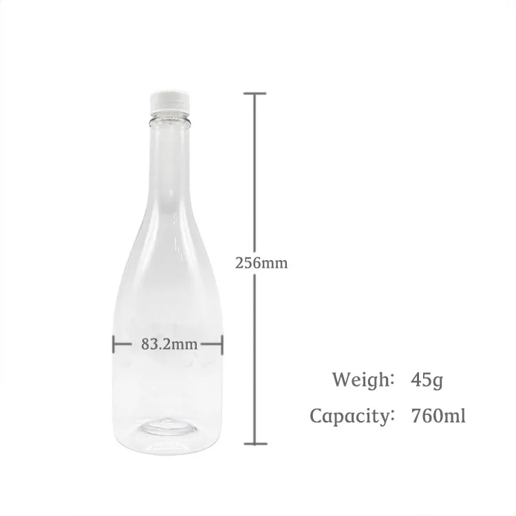 750ml transparent  PET plastic champagne  bottle with custom stickers for food packaging