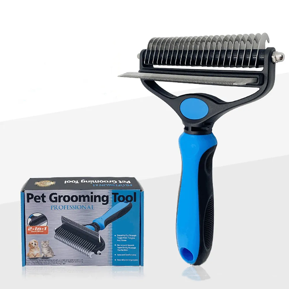 Garfield stainless steel pet hair 2 in 1 cat dog rake deshedding dematting brush comb grooming tools