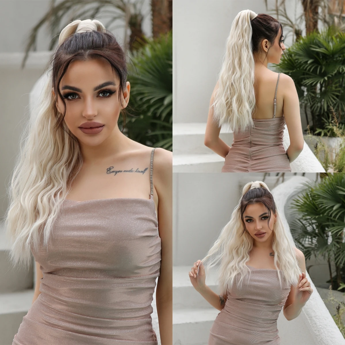 24 inch Water Wave Ponytails Extension Heat Resistant Fiber Pony Tails Clip Long Deep Wave Curly Synthetic Hair Ponytail