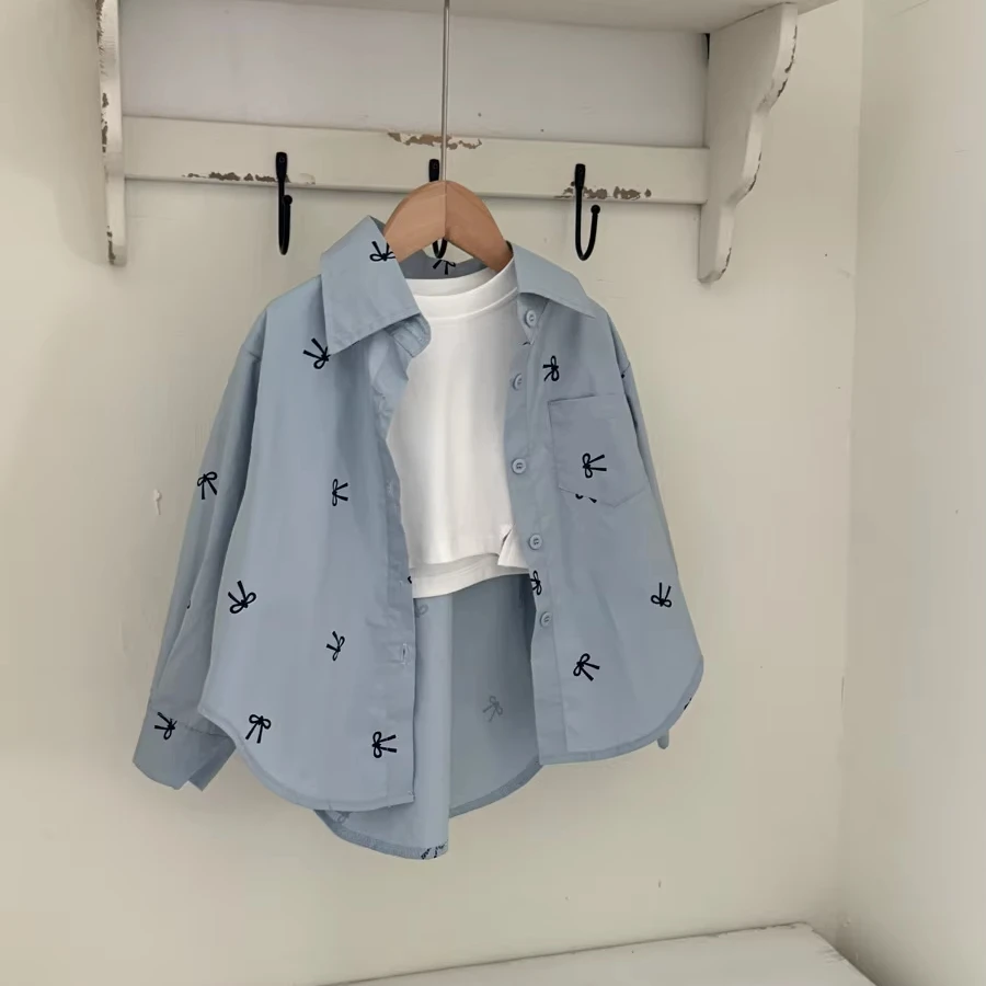 2024 New  Autumn Kid Girl Blue Long Sleeved Bows Print Casual Cardigan Blouse Outdoor Wear 2-8 Years