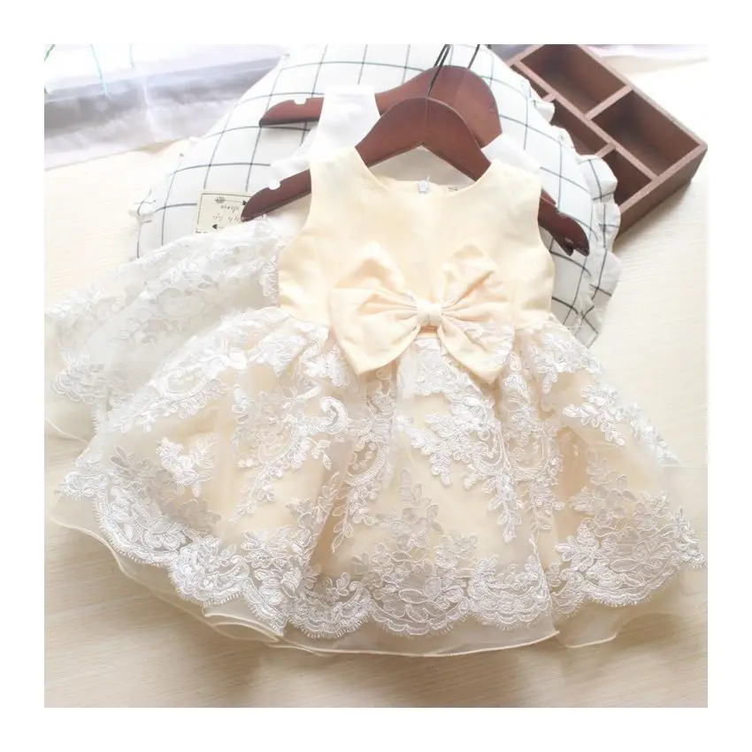 Sweet design wholesale kids big bow lace dress flower girls pretty party dress