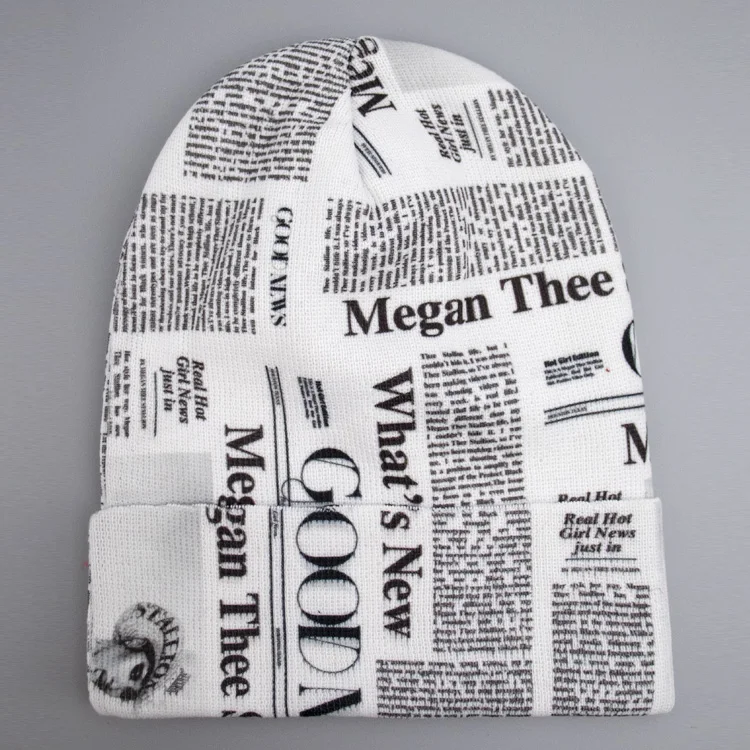 Unisex Street Style Fashion Designer Skull Cap Manufacturer all over print Knitted Letter Fold Up Custom Acrylic Beanie