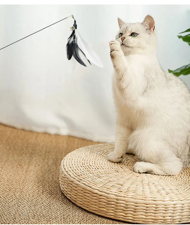 Adorable Cat Interactive Toys Feather Linen Wooden Wand Cat Catcher Teaser Stick