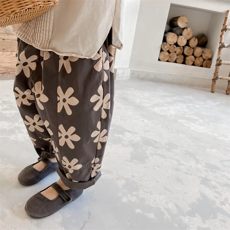 Spring Autumn New Children Casual Pants Girls Fashion Flower Print Harem Pants Kids Loose Trousers Vintage Boys Pants