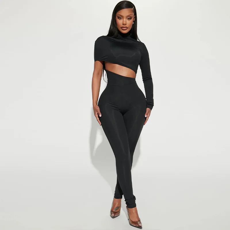 High-Quality Fashion Sexy Club Outfits Summer Solid Single Sleeve Cut Out One Piece Pants Bodycon Women Sexy Jumpsuit
