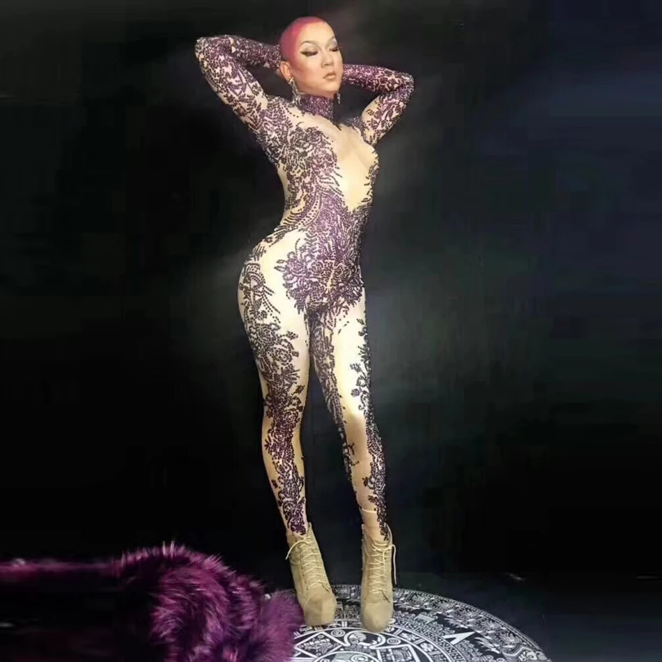 Женские пикантные прозрачные со стразами Bodycon Clubwear женские модные тонкие вечерние показать комбинезон