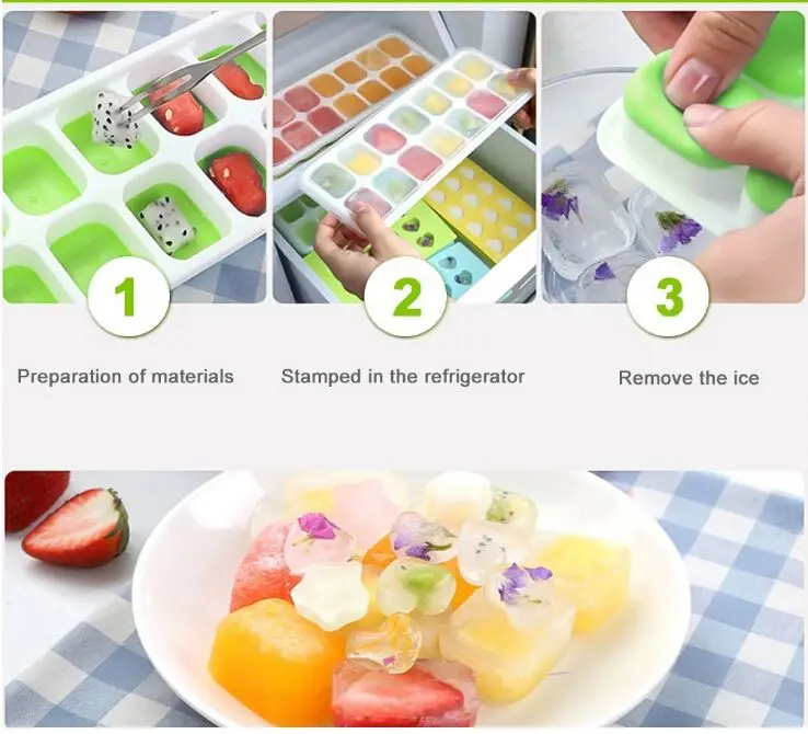 Ice Cube Tray with Lid Silicone Ice Cube Molds 14 Ice tray Stackable Durable