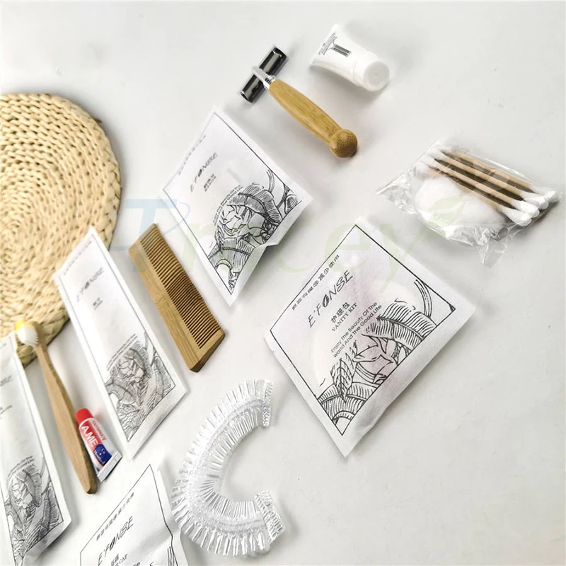 Custom Luxury OEM 5 Star Disposable Biodegradable Eco Friendly Guest Toiletries Kit Accessories Set for Bathroom Hotel Amenities