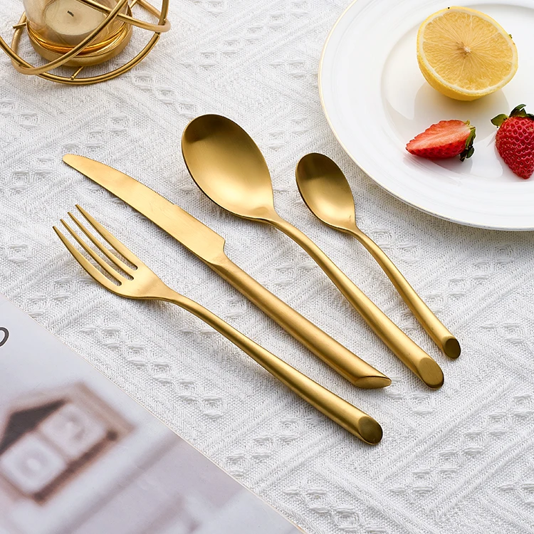 Heavy Weight Thick Handle Golden Matte Flatware Stainless Steel Wedding Event Cutlery Set