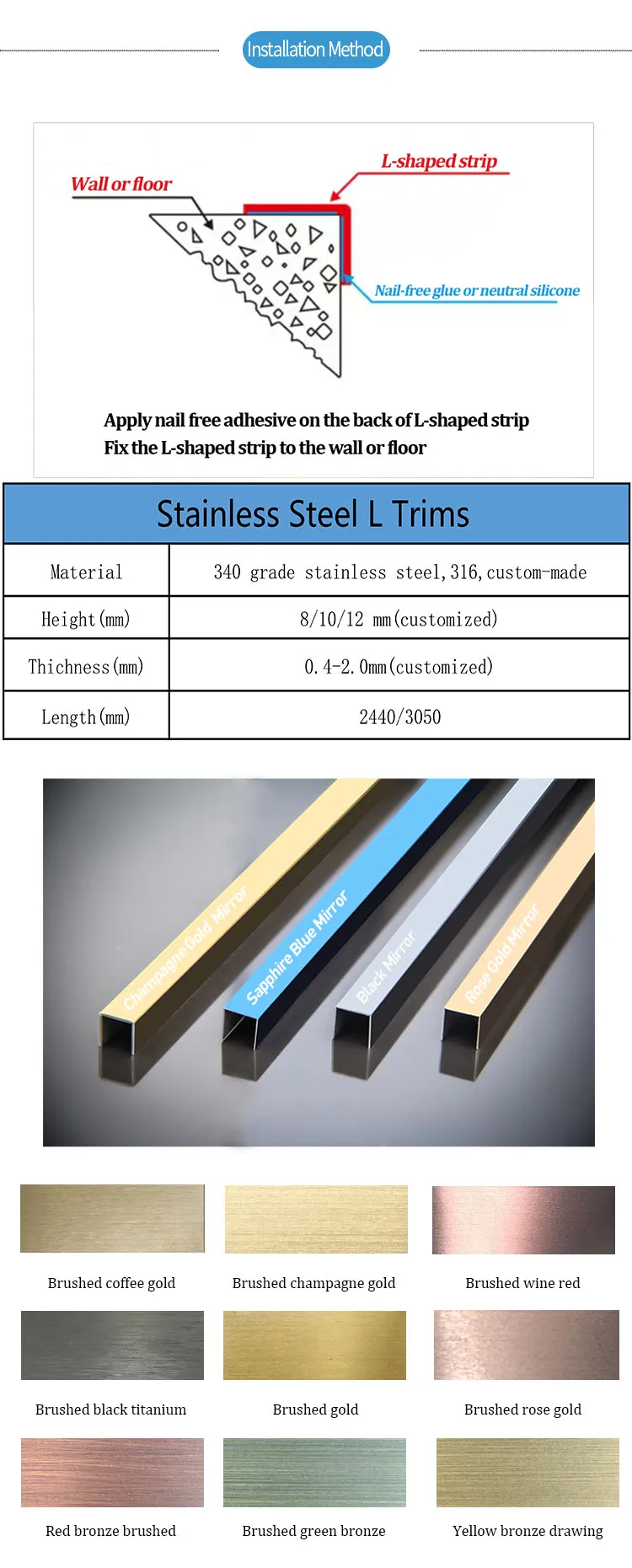 SUCEL Brass Color Stainless Steel Metal Inserts Strips Tile Trim V Groove L Shape Custom Bronze Profile.jpg