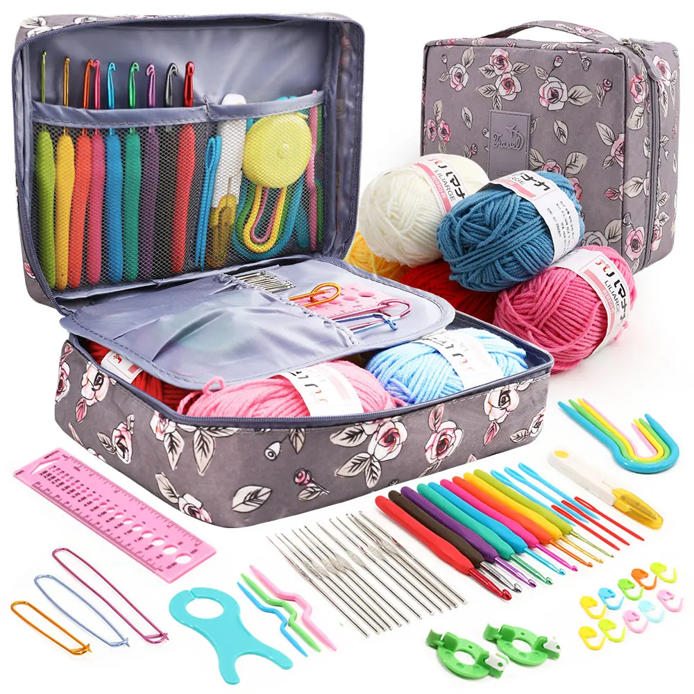 Crochet Kit Beginners with Crochet Yarn 58PCS Portable Crochet Accessories Set Ergonomic Hooks Knitting Needles Sewing Kit