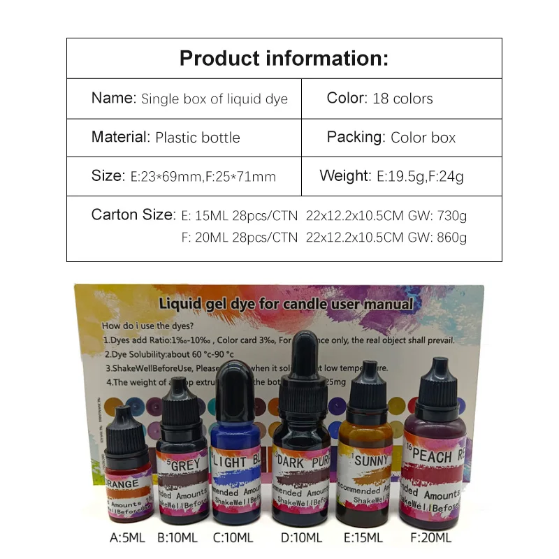 Wholesale high quality 20ml individual color box pigment candle liquid dye