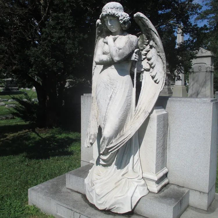 High quality cemetery marble white hand carved angel statue tombstone design