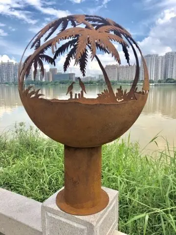 Набор мебели для садового камина, большой декоративный металлический шар для улицы, кортеновый стальной огонь, ржавчина, газ, дерево