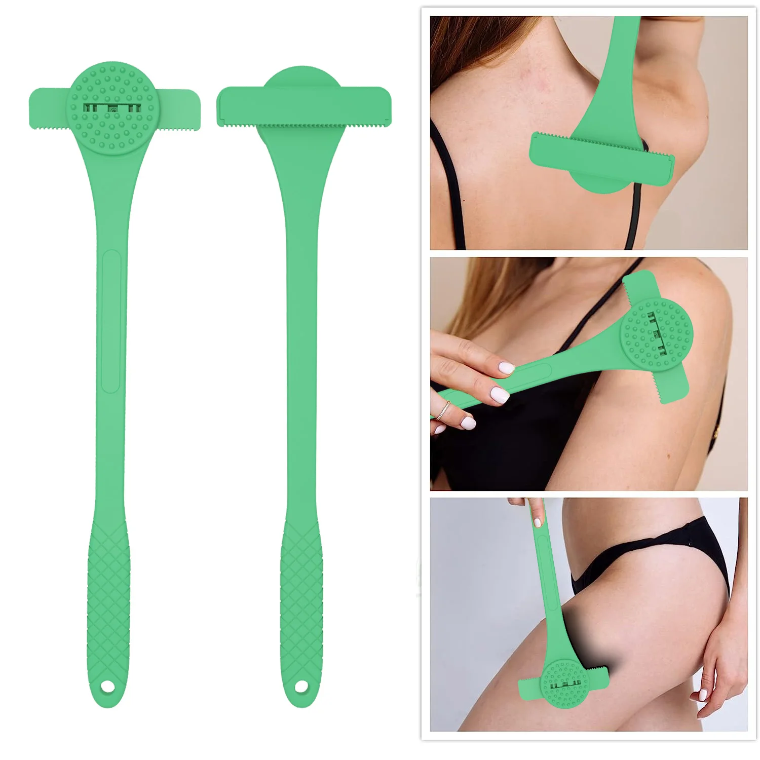 2-in-1 Back Shaving Knife with Silicone Flexible Handle and Back Scrubbing Brush Manual Personal Groomer, No Battery Required