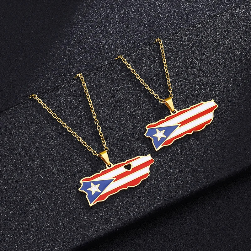 18K Gold & Stainless Steel Silver Puerto Rico Map Pendant Necklace Enamel Puerto Rico Flag for Men Women Features Zircon Stone