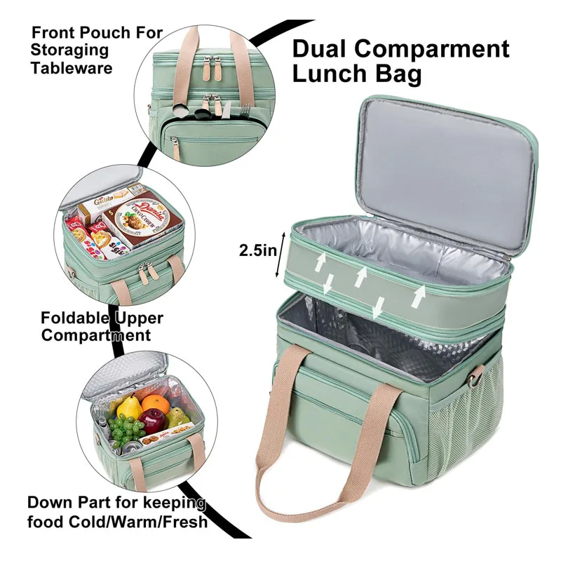 Leak Proof Lunch Box for Work Large Lunch Cooler Bag With Removable Shoulder Strap with Side Pockets lunch tote Bag