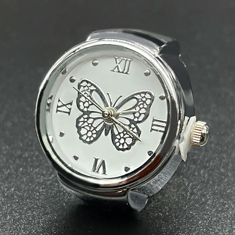 Custom logo Finger Watch Ring Dial Quartz Elastic Adjustable Watchband Steel Mini Butterfly Watches Ring With Extra Battery