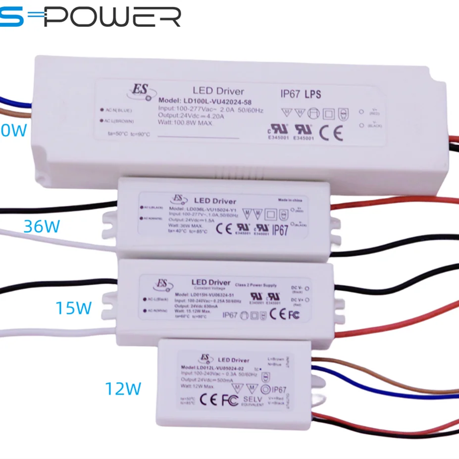 in stocks UL CUL CE IP67 110-277Vac 36W 1.5A 24V power supply 12V 36V 48V dc 12W 15W 60W 100W  waterproof electronic led drivers