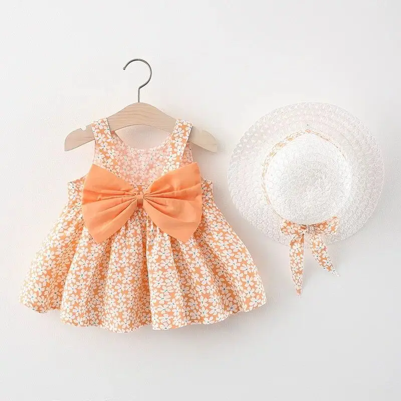 kids clothing bow knot girl dress summer baby dresses with hat