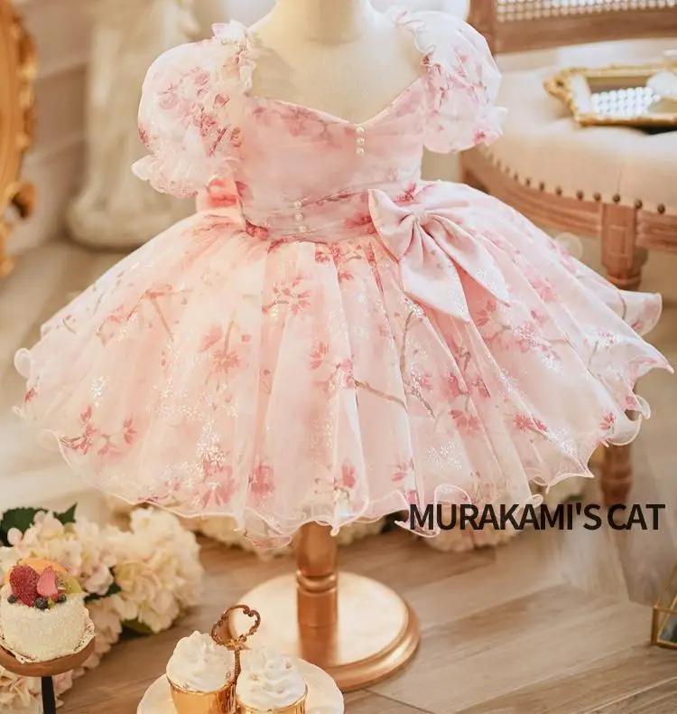2024 Princess pink flower dresses for Baby Girls Birthday Wedding tulle dress frock clothing wholesale