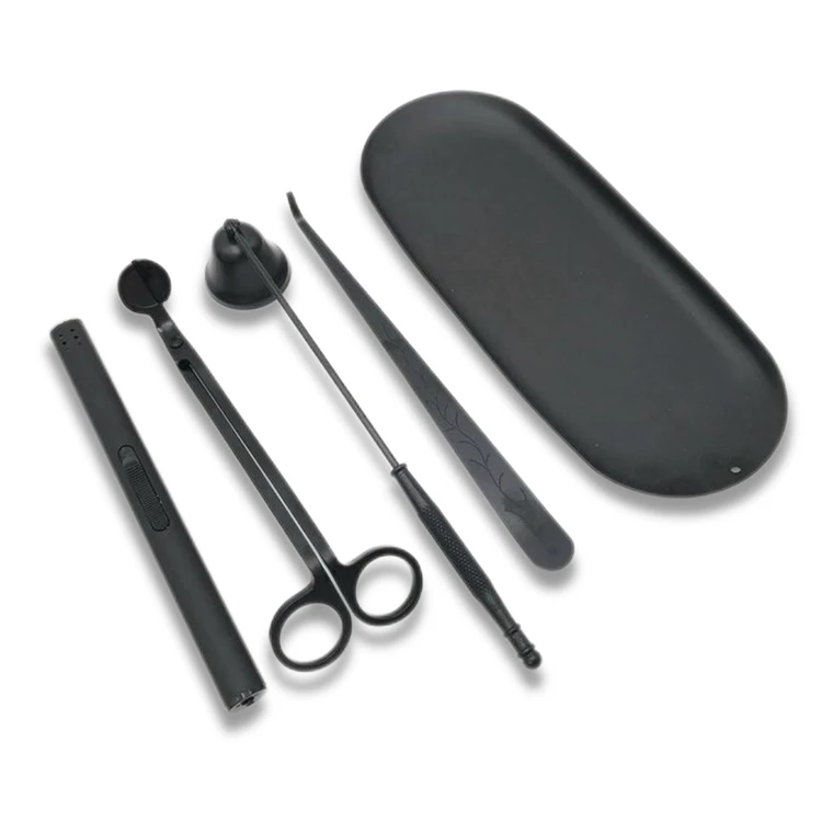 Engraved Logo 4pcs Black Candle Care Kit Wick Dipper Trimmer Tray Set With Velvet Bag