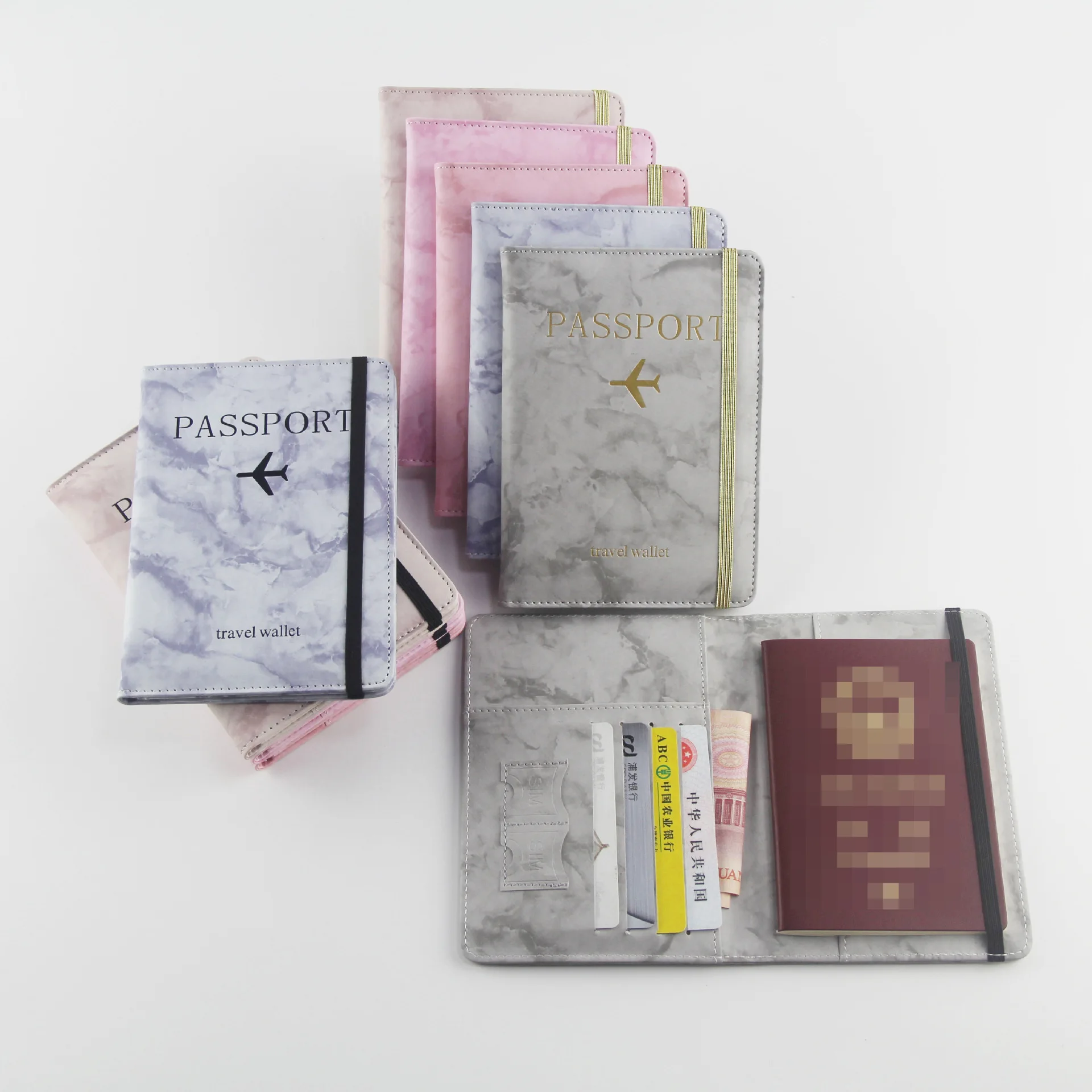 Factory Wholesale Marbled Pu Leather Custom Print Family Travel Passport Holder Wallet