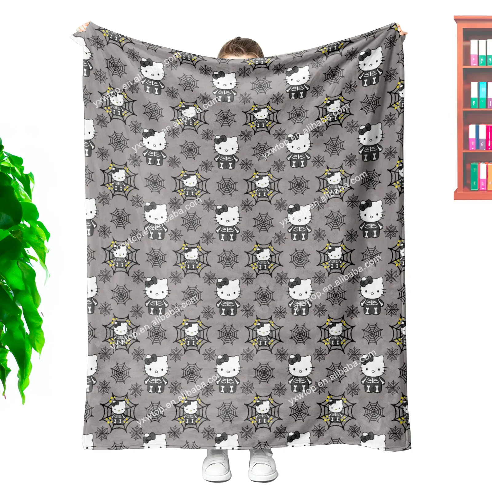 Free Mock up Custom Design Add Free Wash Mark Kitty Anime Cartoon Halloween Spider Web Gray Organic Children Flannel Blanket