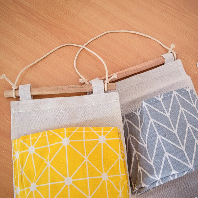 Folding 3 Pockets Hanging Storage Bag Wall Mounted Cotton Linen hanging organizer for room