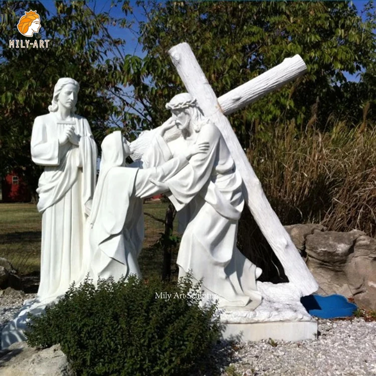 Indoor Outdoor Religious Life Size Hand Made Cross Marble Jesus Statue