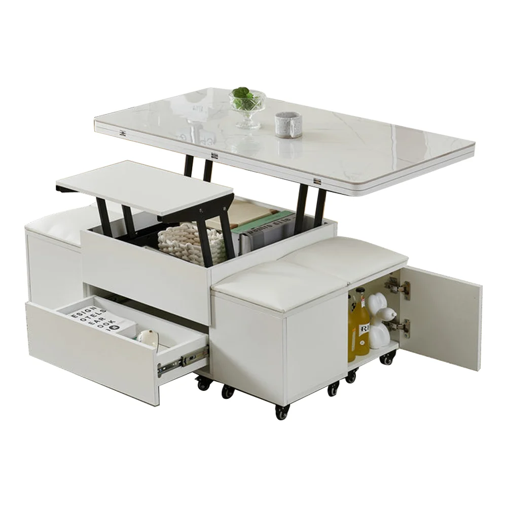 New Design Modern Rectangle Convertible Foldable Expandable With Storage Stools For Living Room Furniture Coffee Table