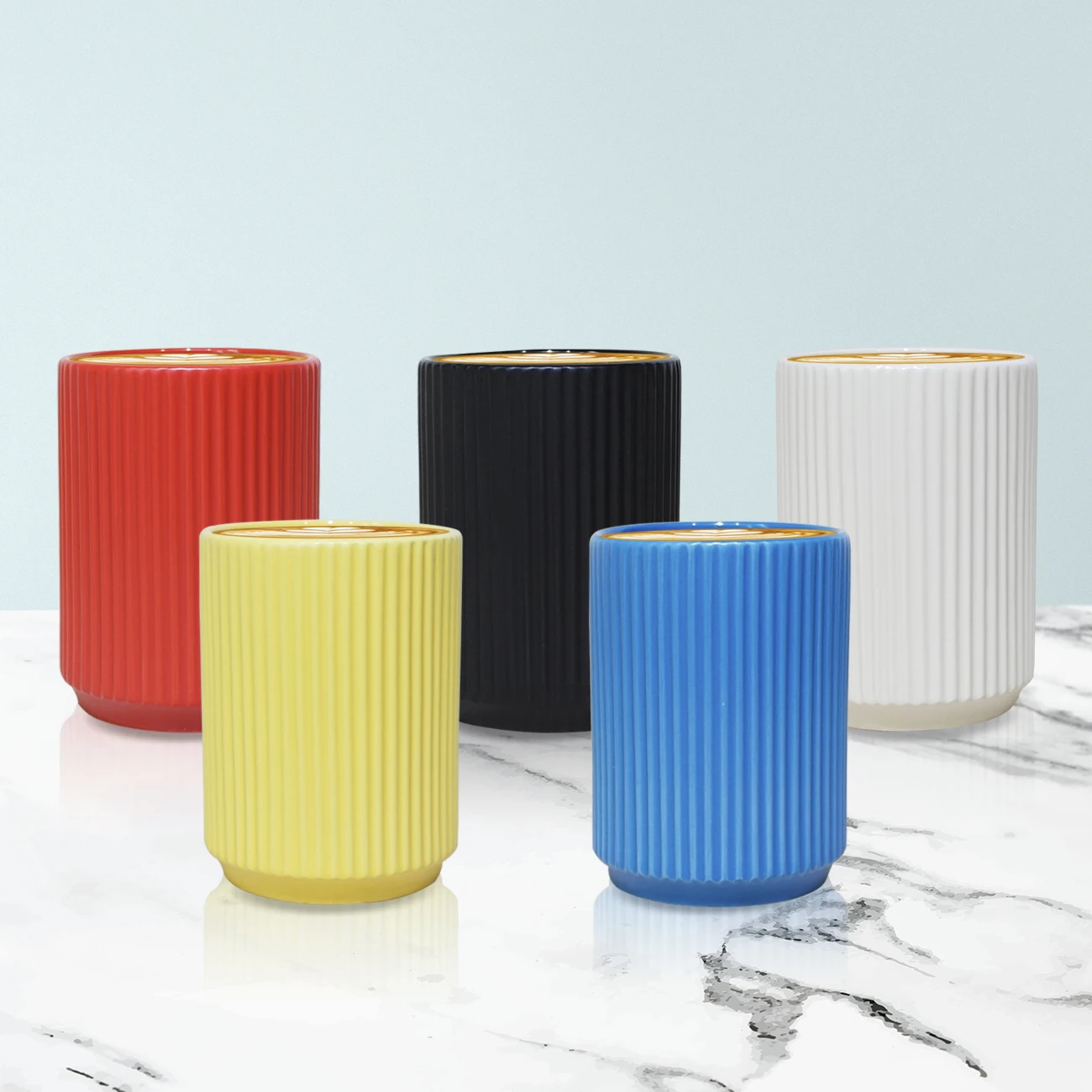 300ml Red Japanese Style Ribbed Ceramic Cup for Back to School with Beautiful Japandi Design Set Of 4