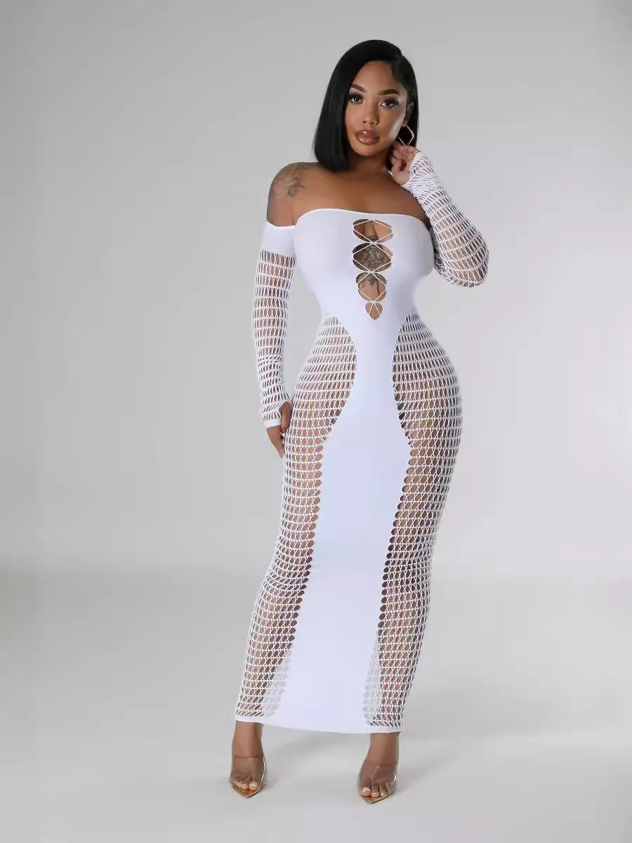 Women Hollow One Piece Beach Cover Up Long Skirt Swimwear Dress Crochet Knitted Side Split Beach Dress