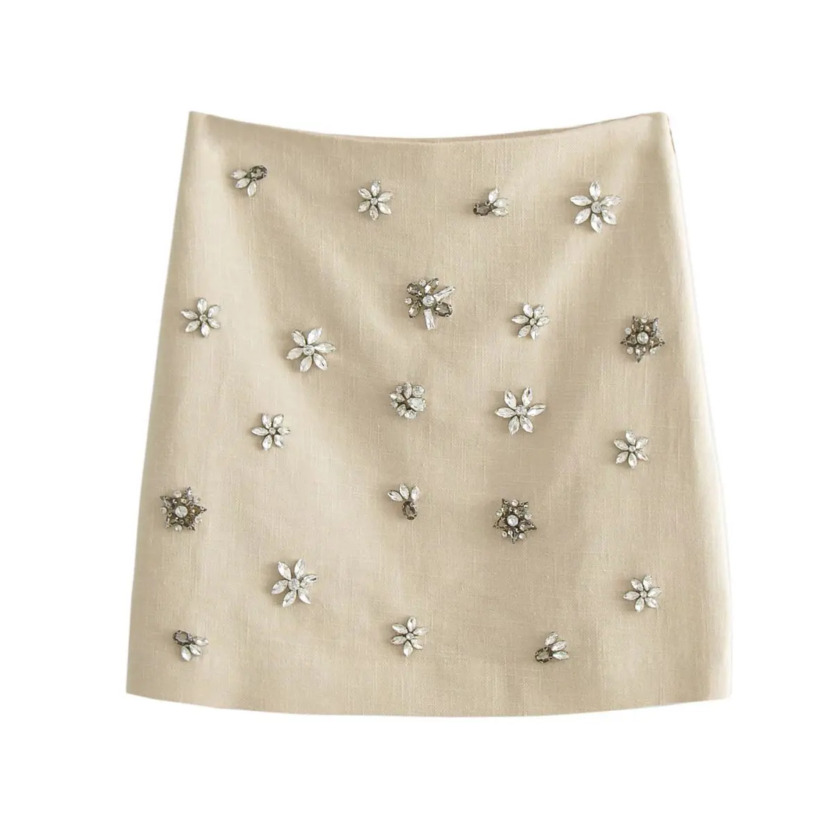 French Style Hand Made Crystal Rhinestone Floral Decor Vintage  A line Mini Skirt for Women