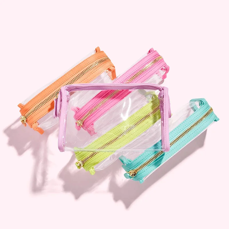 Custom Logo Cosmetic Bag Flat Transparent Patch Letters Makeup Clear Pouch With Zipper Nylon Zipper Pouch