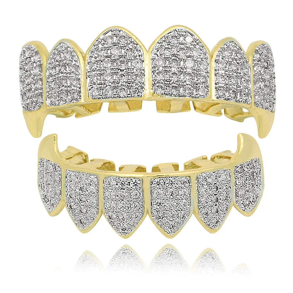Custom 18K Real Gold Plated Micro Pave CZ Dental Grills 8 Top and 8 Bottom Iced Out Grillz Hip Hop Bling Diamond Teeth Grillz