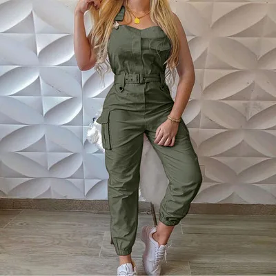 jumpsuit women casual playsuit sleevelessloose preppy style pants with belt elegant casual pocket overalls palysuts