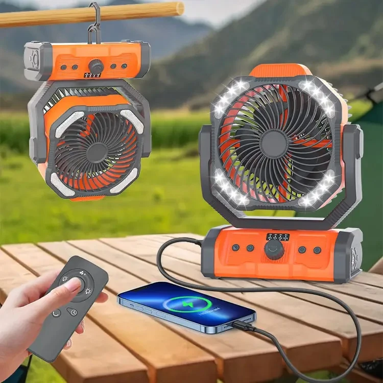 Multipurpose Outdoor Camping Fan Portable Fan with LED lighting Timing Rotating with Hook