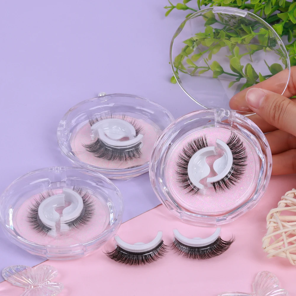 Private Label Lash Supplies Strip Lashes Round Box Reusable No Glue Self Adhesive Eyelashes