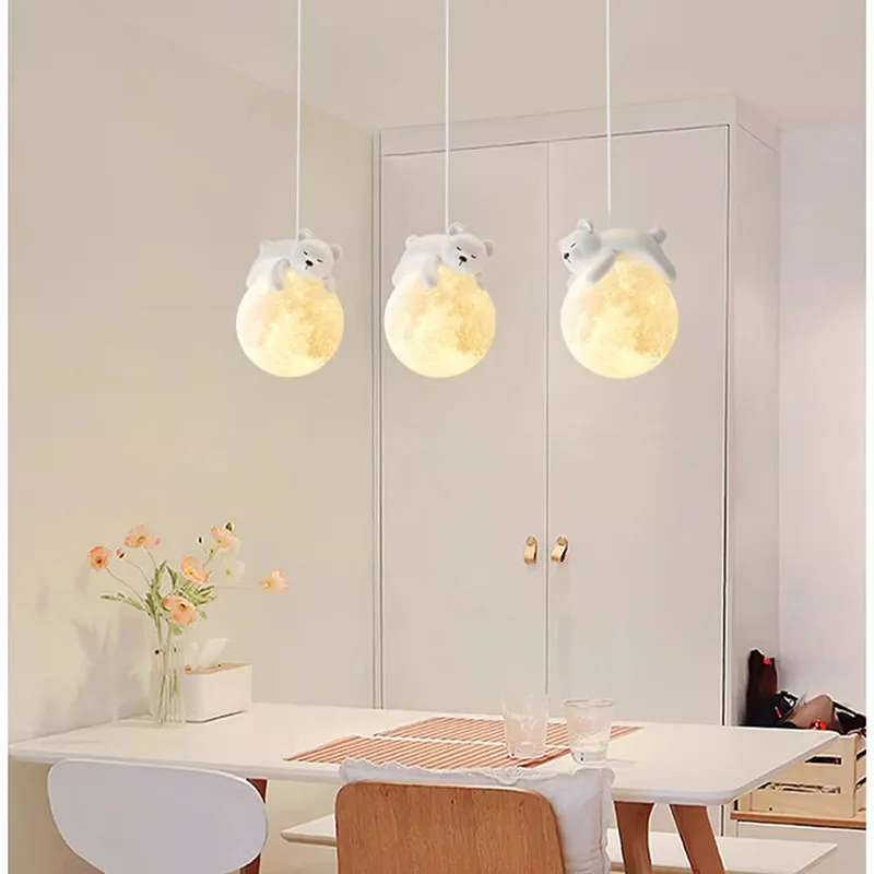 Nordic Modern Creative Personality Art 3D Moon Bedside Lamp Simple cream wind Resin bear Bedroom pendant lamp