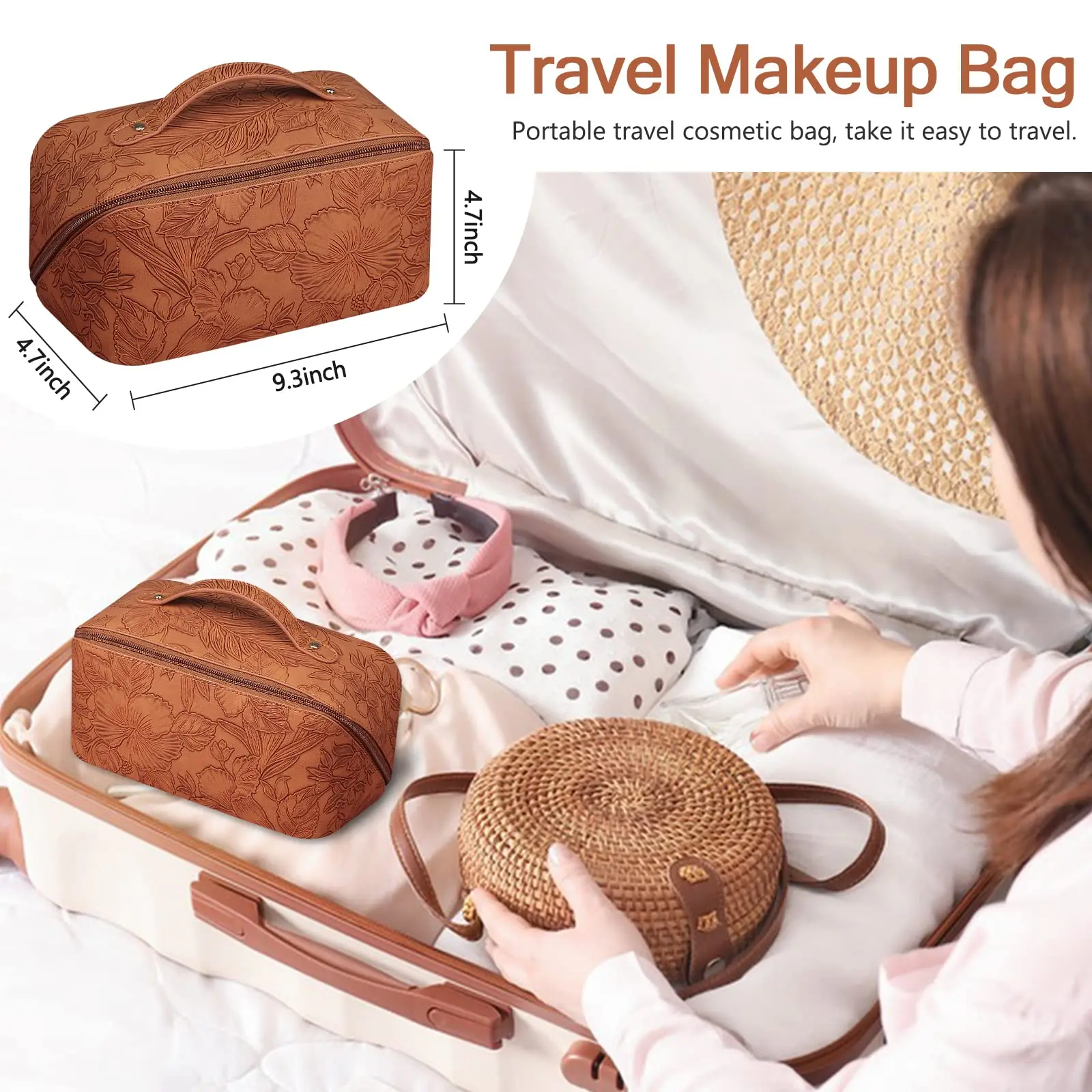 Travel Makeup  Cosmetic Bag With Compartments Large Capacity Water Resistant PU Leather Makeup Bag Lay Flat Makeup Bag